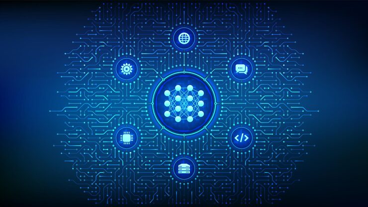 Vector neural network icon made with binary code ai artificial intelligence machine learning big data analysis technology background with circuit board connections and tech icons vector illustration
