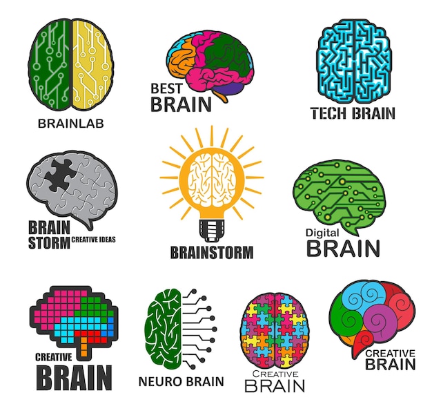 Вектор Нейротехнический мозг, мозговой штурм и значки лаборатории мозга