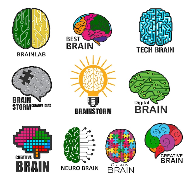 Neuro tech hersenen, brainstorm en hersenlab pictogrammen