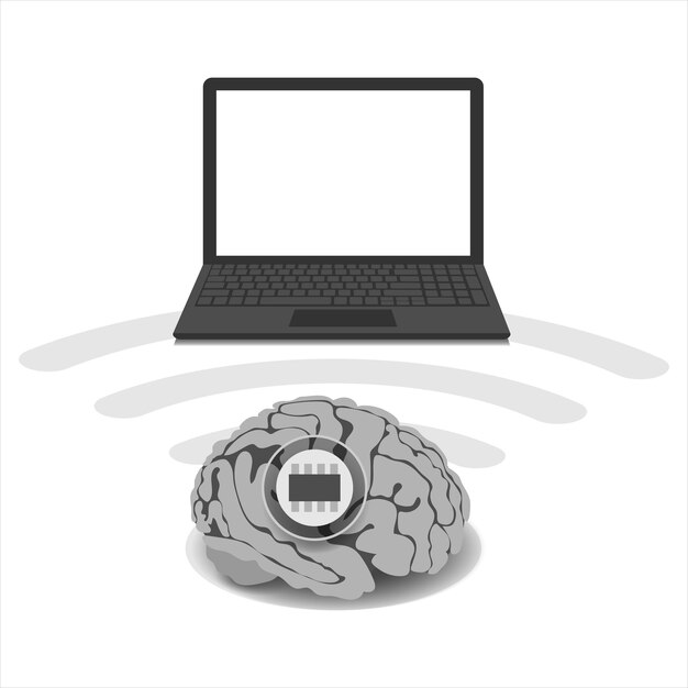 Vector neuroimplant in the human brain controls the computer on a white background vector illustration