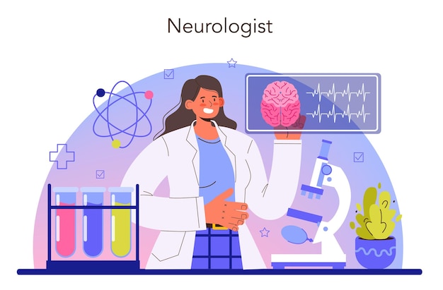 Vector neurologist concept. doctor examine and treat human brain and nervous system. nervous system disease' therapy. medical mri diagnosis and consultation. flat vector illustration