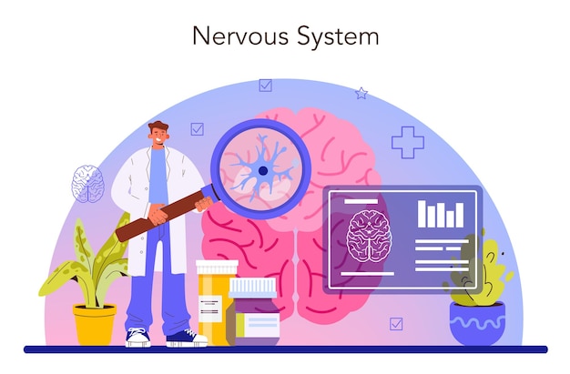 Vector neuroloog concept arts onderzoekt menselijk brein en nerveus