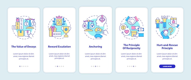 Neuromarketing rules onboarding mobile app page screen. Hurt and rescue principle walkthrough 5 steps graphic instructions with concepts. UI, UX, GUI vector template with linear color illustrations