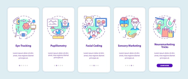 Tecniche di neuromarketing nella schermata della pagina dell'app mobile a bordo. procedura dettagliata di eye-tracking 5 passaggi istruzioni grafiche con concetti. modello vettoriale ui, ux, gui con illustrazioni a colori lineari