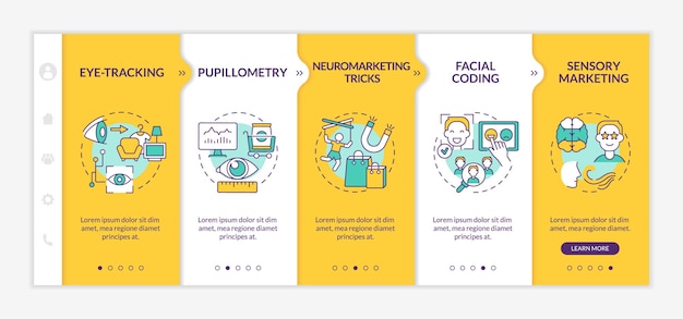 neuromarketing tricks onboarding vector template. responsive mobile website with icons. web page walkthrough 5 step screens. facial expressions coding color concept with linear illustrations