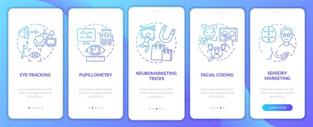 neuroscience methods onboarding mobile app page screen. customer facial coding walkthrough 5 steps graphic instructions with concepts. ui, ux, gui vector template with linear color illustrations