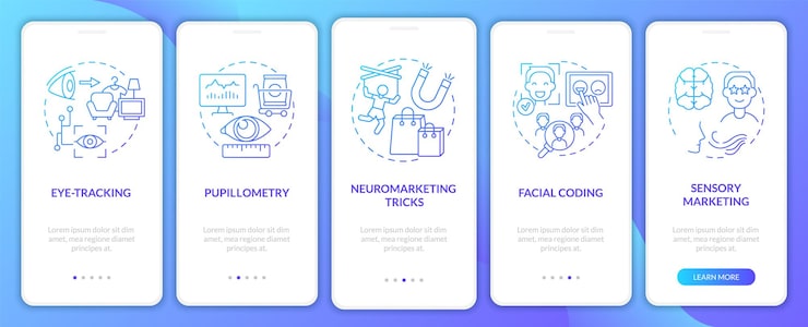 Vector neuroscience methods onboarding mobile app page screen. customer facial coding walkthrough 5 steps graphic instructions with concepts. ui, ux, gui vector template with linear color illustrations