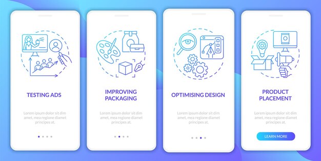 Schermata della pagina dell'app mobile per l'onboarding dell'utilizzo delle neuroscienze. guida all'ottimizzazione del design del prodotto istruzioni grafiche in 4 passaggi con concetti. modello vettoriale ui, ux, gui con illustrazioni a colori lineari