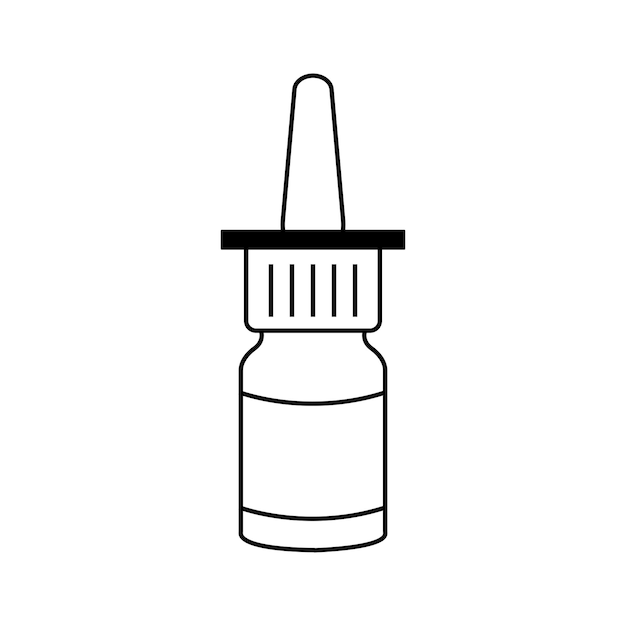 Neusdruppel, medicijnfles icoon. Neusdruppels lijn zwart pictogram. Container met medicijn voor neus