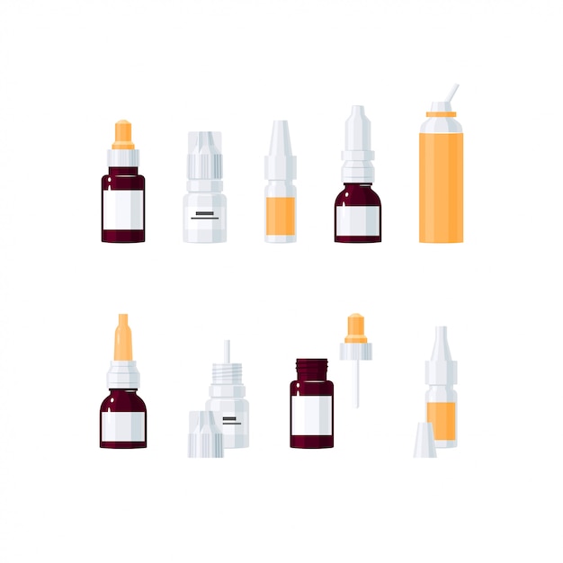 Vector neusdruppels illustratie concept. set van medische flesjes in cartoon-stijl