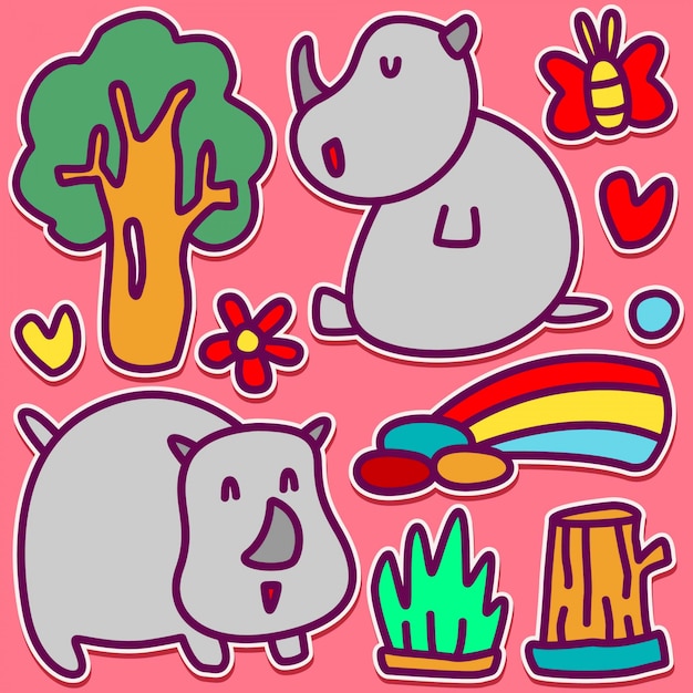 neushoorn doodle sticker ontwerp illustratie