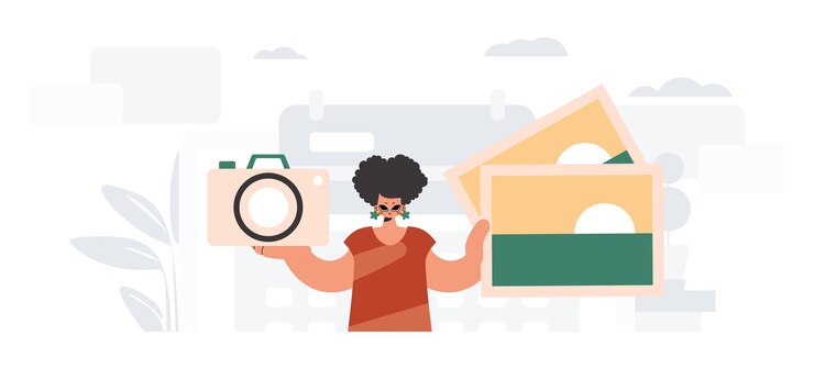 Vector the neverending woman holds a camera and photos in his hands the concept of rest and travel trendy style vector illustration