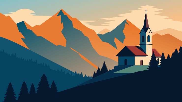 Vector nevig herfstbeeld van parrocchia di selva cadore kerk grote ochtend vlakke vector illustratie natur