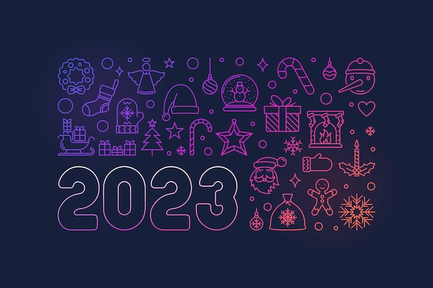 Illustrazione della linea colorata del nuovo anno 2023 buon natale banner vettoriale
