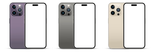 Nuovo smartphone a tutti i colori rilasciato sul lato anteriore e posteriore di iphone 14 pro. modello di smartphone.