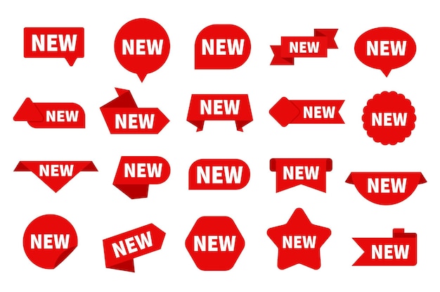 New arrival Arrived red label isolated fresh product or sale start tags Order announcement stickers Discount business ad exact vector bages set