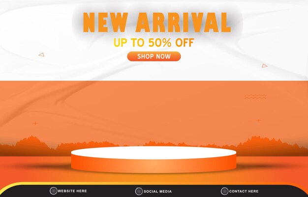 New arrival discount sale template banner with blank space 3d podium for product sale with abstract gradient orange and white background design