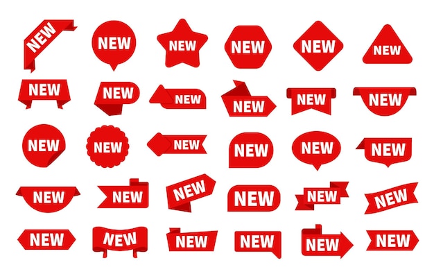 New arrival stickers Red label shapes for offers sale tags with text Flat discount badges and ribbons for discount advertising promotion exact vector elements
