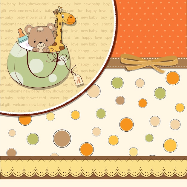 Vector new baby announcement card with bag and same toys