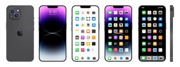 新しい黒の iphone 14 アップル社のスマートフォン、ios 14 ロック画面電話ナビゲーション ページのホームページ、47 の人気のあるアプリを含むベクトル図 eps10