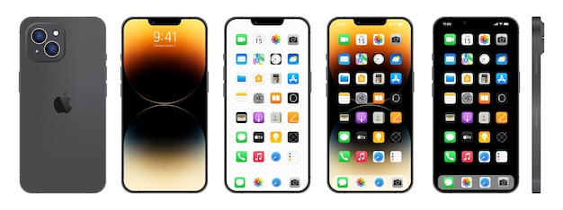 Новый черный смартфон iphone 14 apple inc с ios 14. домашняя страница страницы навигации телефона с заблокированным экраном с 47 популярными приложениями. векторная иллюстрация eps10.