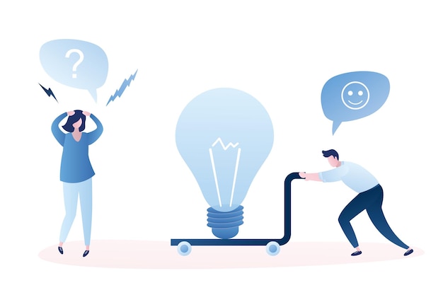 Vector new business idea concept brainstorming with funny business people characters and big idea bulb