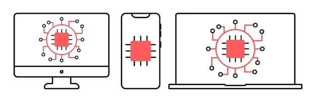 デバイス用の新しいチップ技術 更新されたソフトウェアを備えたラップトップ コンピューターおよび携帯電話