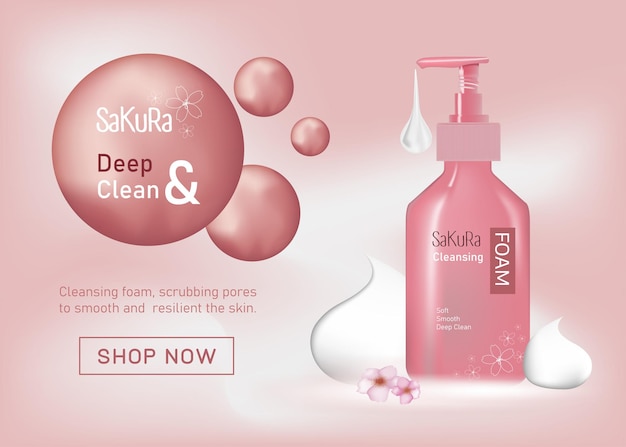 New cleansing cosmetic ad. with sakura fragrance realistic background vector illustration.