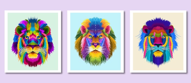 矢量新系列彩色头狮子波普艺术肖像孤立的装饰风格