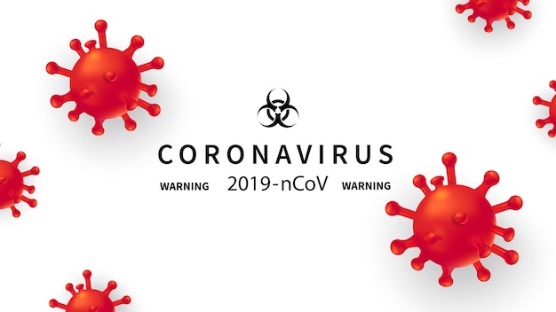 Nuovo coronavirus 2019-nkov. virus covid 19-nkp. sfondo con realistiche cellule virali rosse 3d. simbolo di pericolo.
