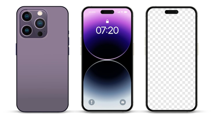 Вектор новый темно-фиолетовый смартфон выпустил iphone 14 pro спереди и сзади. макет смартфона с экраном