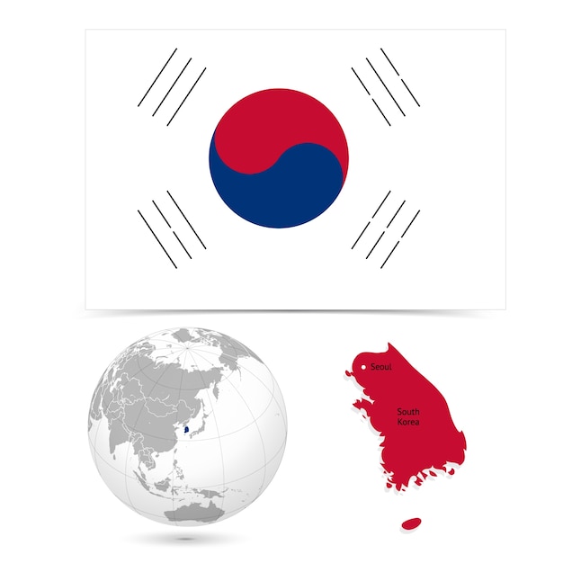Vettore nuova bandiera dettagliata con map world of south korea