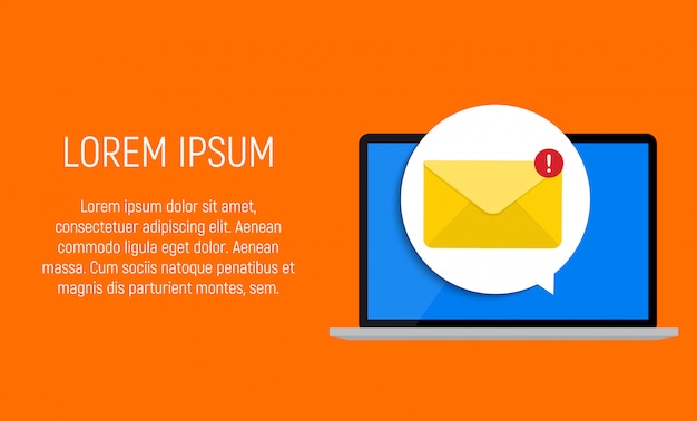 Vector new email on the laptop screen notification concept.  illustration