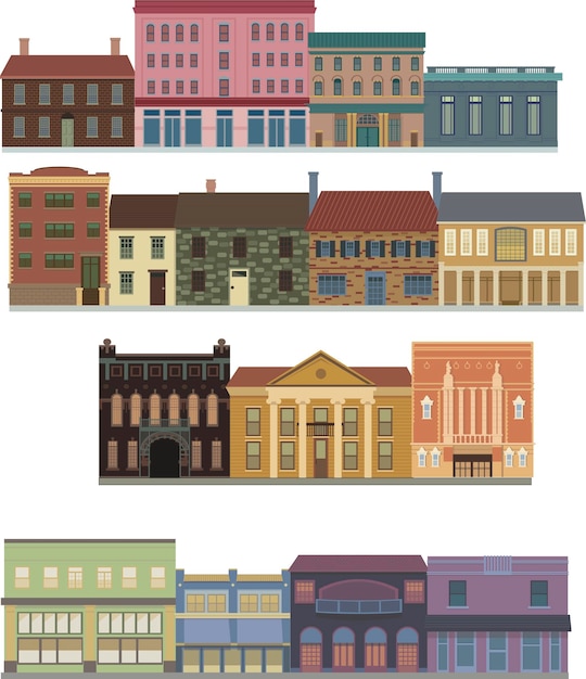 Vector new_england_wood_brick_colonial_old_historic_architecutre_building_set