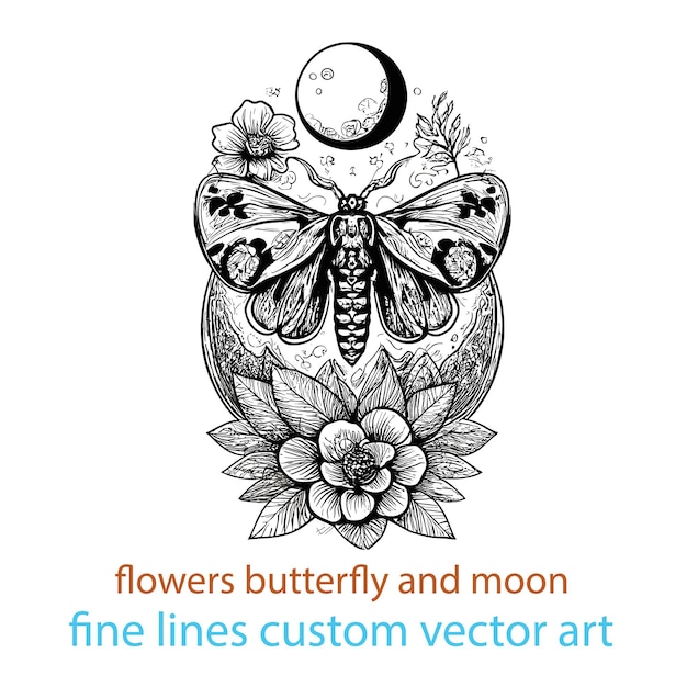 New flowers butterflies and moon fine lines custom vector art design illustration