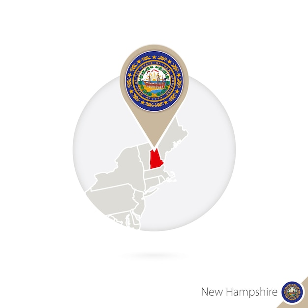 ニューハンプシャー州の米国の州の地図と円の旗。ニューハンプシャーの地図、ニューハンプシャーの旗のピン。地球のスタイルでニューハンプシャーの地図。ベクトルイラスト。