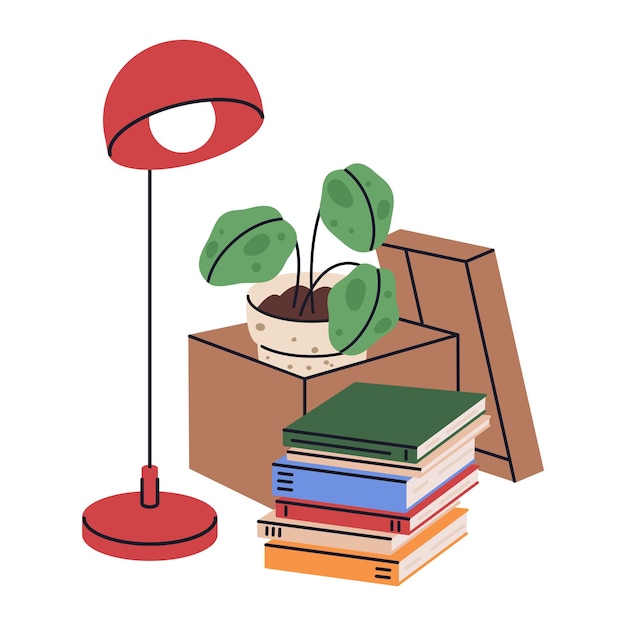 Vector new house moving box carton box with personal stuff cardboard box with books lamp and pot plant flat vector illustration home moving box on white