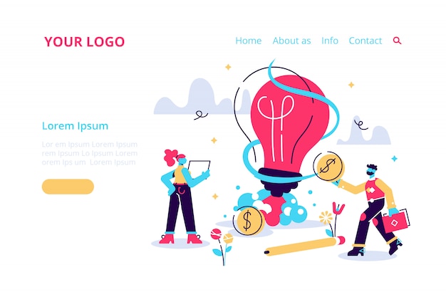 Nuova idea o concetto di avvio, illustrazione. lancio del razzo incandescente della lampadina. le piccole persone coltivano piante, idee, personaggi delle persone sviluppano idee imprenditoriali creative, innovazione.