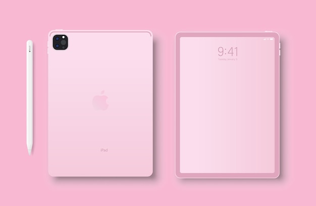 벡터 apple inc의 새로운 ipad pro 핑크 색상 귀여운 장치 모형 화면 ipad pro 및 뒷면 태블릿 apple 연필 벡터 그림 높은 세부 정보