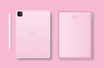 Premium Vector  New ipad pro pink color by apple inc cute device mockup  screen ipad pro and back side tablet apple pencil vector illustration high  detail editorial