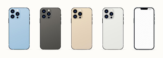 新しいiPhone13 ProMax。シエラブルー、グラファイト、シルバー、ゴールドiPhone ProMax。モックアップ画面のiPhoneと裏面のiPhone。ベクトルイラスト。ザポリージャ、ウクライナ-2021年9月16日