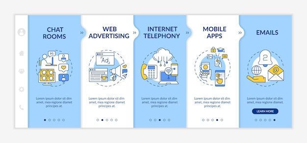 New media examples onboarding  template. chat rooms. internet telephony. electronic mails. responsive mobile website with icons. webpage walkthrough step screens. rgb color concept