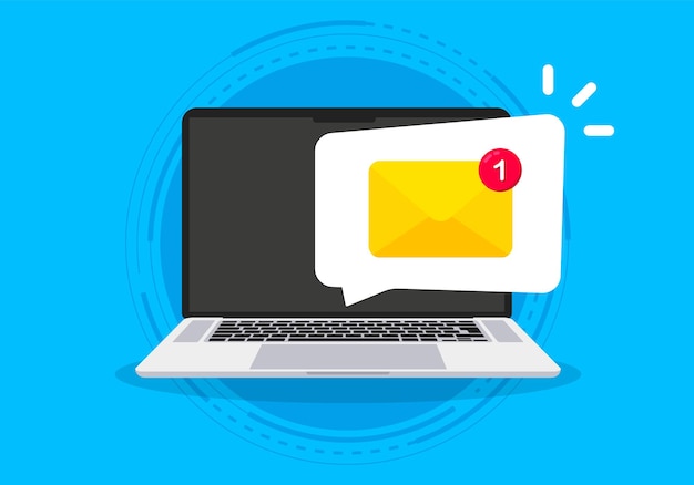 Vector new message on the laptop screen. unread notification. online chat. email messages inbox notification. envelope with new message. e-mail marketing, internet advertising concept. vector illustration