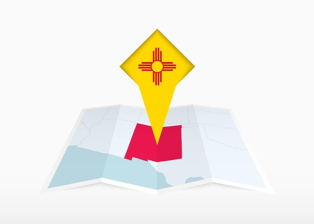 New Mexico is depicted on a folded paper map and pinned location marker with flag of New Mexico