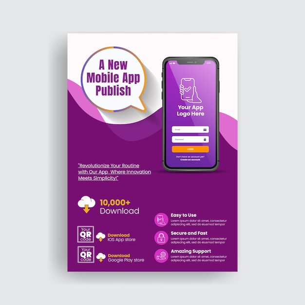 Vector new mobile app launch print flyer or poster template with 3d smartphone illustration