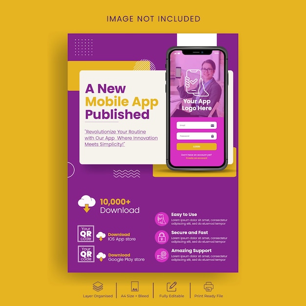 Vector new mobile app launch print flyer or poster template with 3d smartphone illustration