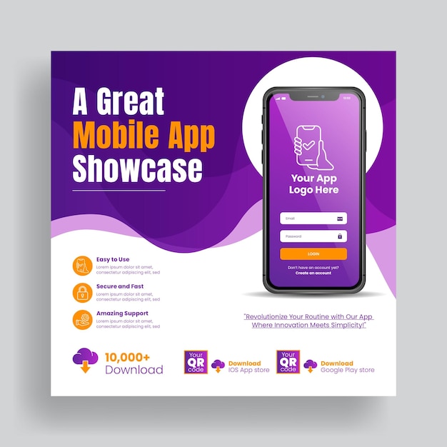 Vector new mobile app launch social media post banner or promotional web banner template with smartphone