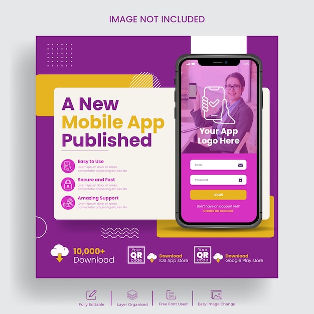 New Mobile app launch social media post banner or promotional web banner template with smartphone