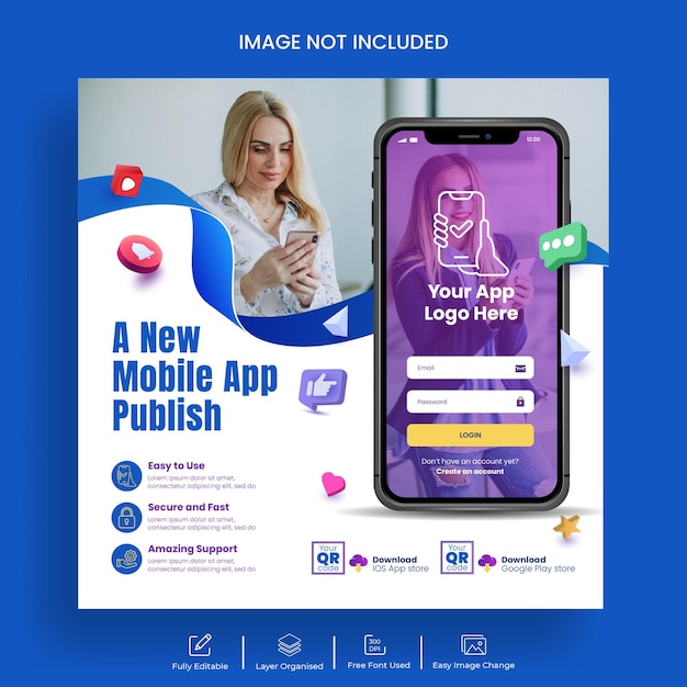 new mobile app promotion instagram post or social media banner or web banner template design