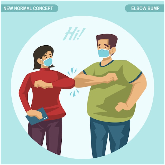 新しい通常のコンセプト。 COVID19コロナウイルスの蔓延を避けるために、抱擁または握手で挨拶する代わりに肘バンプ挨拶。